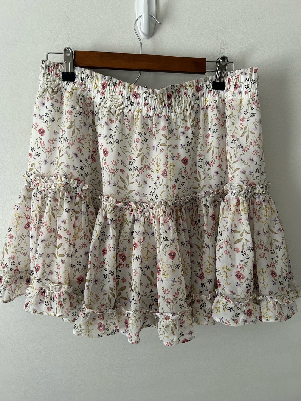 Mustard Seed Floral Ruffle Tiered Mini Skirt - Cream with Pink & Green Floral L